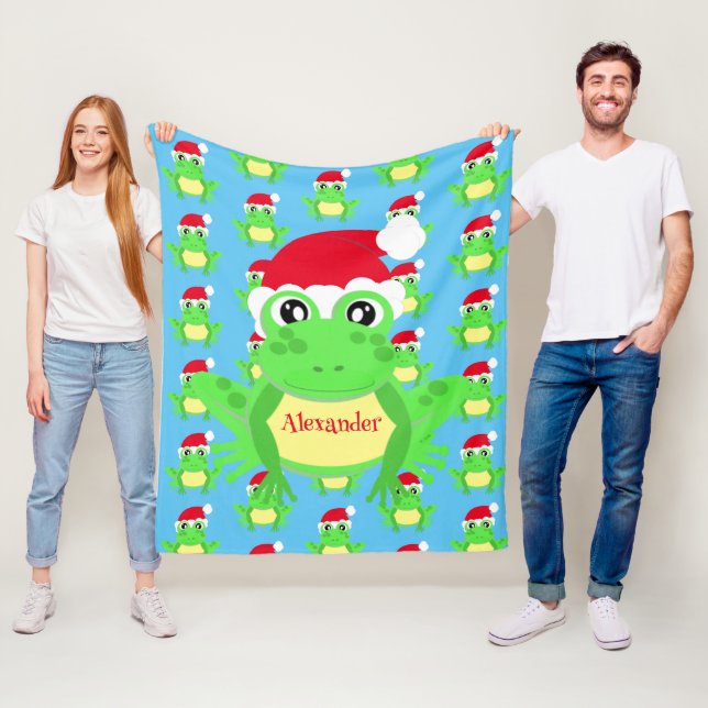 Christmas Cute Frog Santa Hat Blue Novelty Fleece Blanket (In Situ)