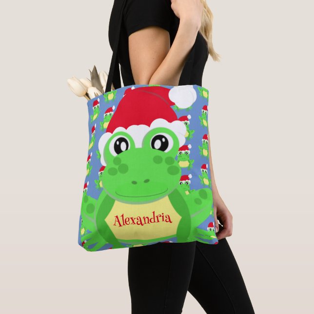 Christmas Cute Frog Santa Hat Blue Novelty Tote Bag (Close Up)