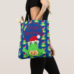 Christmas Cute Frog Santa Hat Blue Novelty Tote Bag