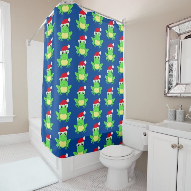 Christmas Cute Frog Santa Hat Pattern Blue Shower Curtain (In Situ)