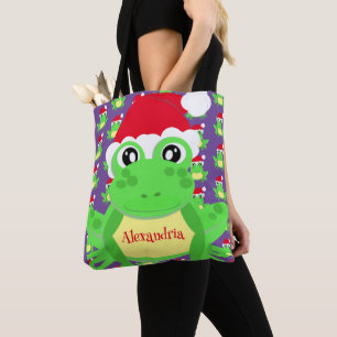 Christmas Cute Frog Santa Hat Purple Novelty Tote Bag