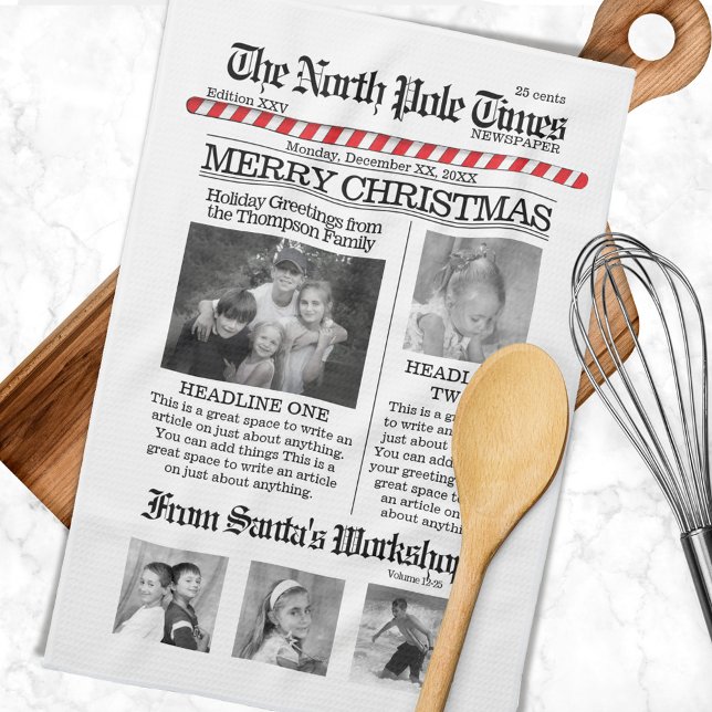 Christmas Cute Fun North Pole Times Newspaper Tea Towel (The North Pole Times newspaper custom kitchen towel. )