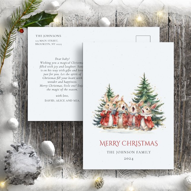 Christmas Cute Funny Bunnies Baby Red Green Postcard (Creator Uploaded)