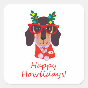 Christmas Cute Funny Dog Dachshund Happy Howlidays Square Sticker