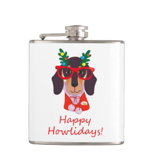 Christmas Cute Funny Dog Dachshund Howlidays 6 oz Hip Flask