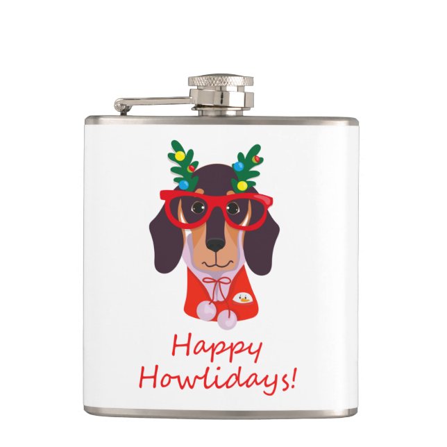 Christmas Cute Funny Dog Dachshund Howlidays 6 oz Hip Flask (Front)