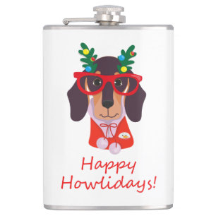 Christmas Cute Funny Dog Dachshund Howlidays 8 oz Hip Flask