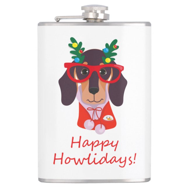 Christmas Cute Funny Dog Dachshund Howlidays 8 oz Hip Flask (Front)