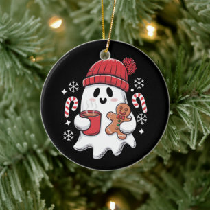 Christmas Cute Ghost Iced Coffee Retro Xmas Coffee Ceramic Ornament
