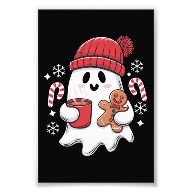 Christmas Cute Ghost Iced Coffee Retro Xmas Coffee Photo Print (Front)