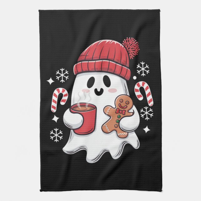 Christmas Cute Ghost Iced Coffee Retro Xmas Coffee Tea Towel (Vertical)