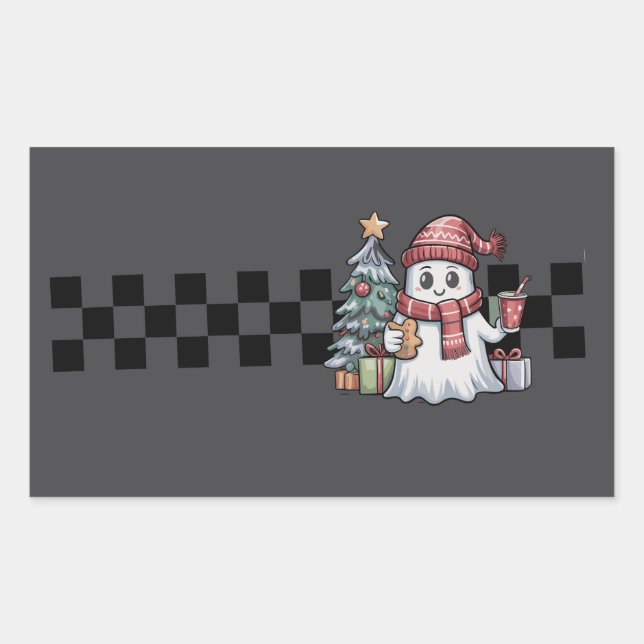 Christmas Cute Ghost Retro Spooky Xmas Holiday Rectangular Sticker (Front)