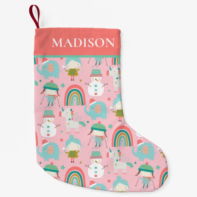 Christmas Cute Girly Unicorn Rainbow Personalised Small Christmas Stocking (Front)