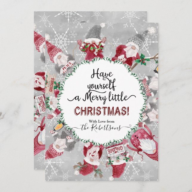 Christmas Cute Gnome Snowflake Grey Red Photograph Holiday Card (Front/Back)