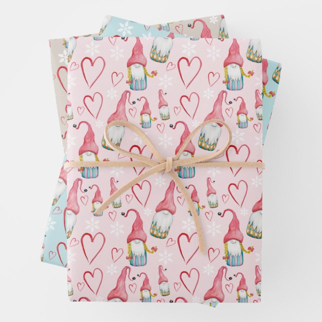 Christmas Cute Gnomes In Love Wrapping Paper Sheet (In situ)