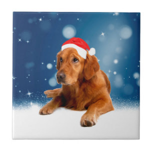 Christmas Cute Golden Retriever Dog Santa Hat Snow Ceramic Tile