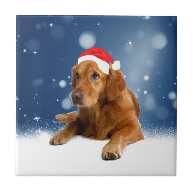 Christmas Cute Golden Retriever Dog Santa Hat Snow Ceramic Tile (Front)