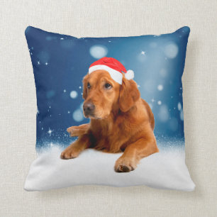 Christmas Cute Golden Retriever Dog Santa Hat Snow Cushion