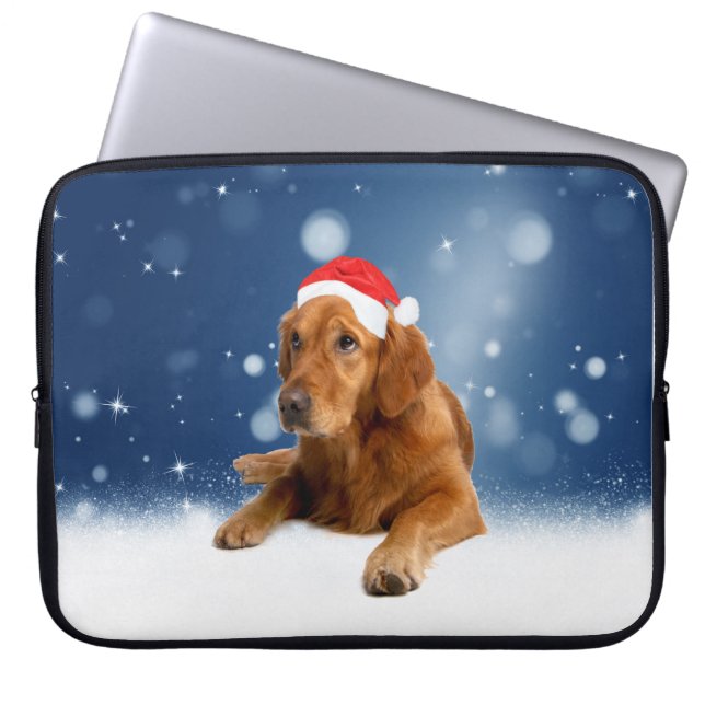 Christmas Cute Golden Retriever Dog Santa Hat Snow Laptop Sleeve (Front)