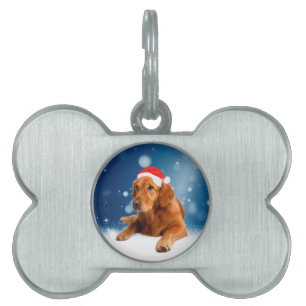 Christmas Cute Golden Retriever Dog Santa Hat Snow Pet ID Tag