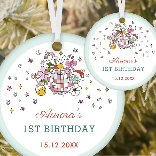 Christmas Cute Groovy Ball Birthday Party  Ceramic Ornament (Creator Uploaded)