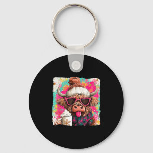 Christmas Cute Highland Cow Hot Cocoa Coffee Lover Key Ring