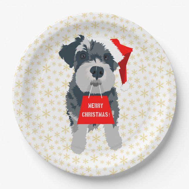Christmas Cute Miniature Schnauzer Dog Santa Hat Paper Plate (Front)