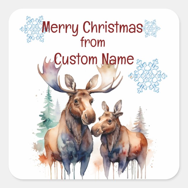 Christmas Cute Moose Couple Animal Customise  Square Sticker (Front)