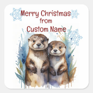 Christmas Cute Otter Couple Animal Customise Square Sticker