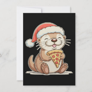 Christmas Cute Otter Eating Pizza Xmas Santa Hat Holiday Card