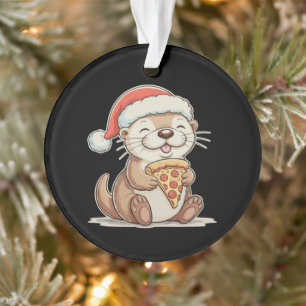 Christmas Cute Otter Eating Pizza Xmas Santa Hat Ornament