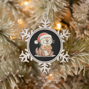 Christmas Cute Otter Eating Pizza Xmas Santa Hat Snowflake Pewter Christmas Ornament