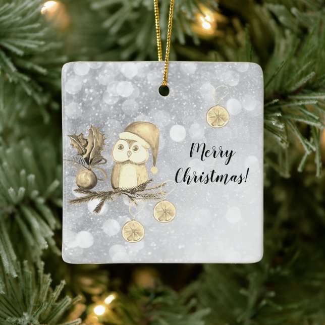 Christmas Cute Owl With Branches And Balls Ceramic Ornament (Tree)