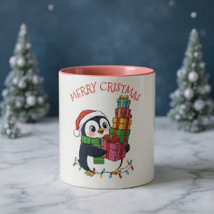 Christmas Cute Penguin Carrying Gifts Two-Tone Coffee Mug