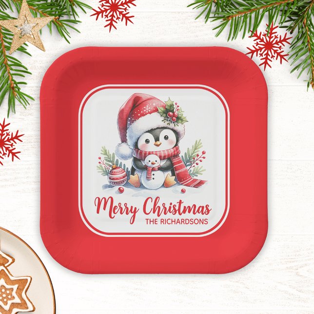 Christmas Cute Penguin Red Custom Merry Christmas Paper Plate (Creator Uploaded)