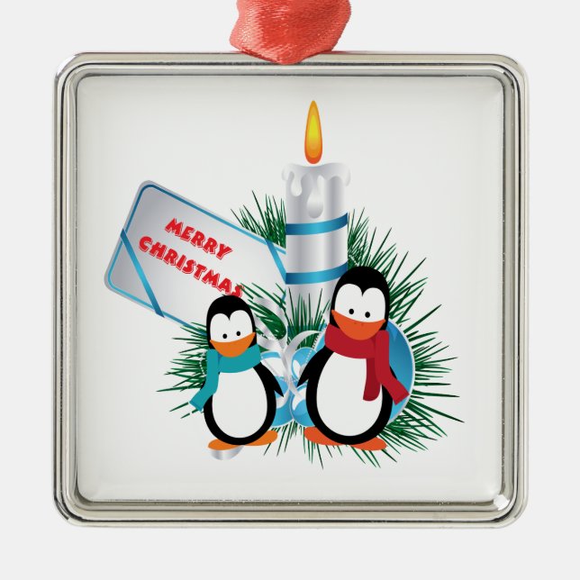Christmas Cute Penguins And Candle custom ornament (Front)