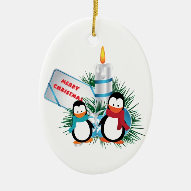 Christmas Cute Penguins And Candle custom ornament (Front)