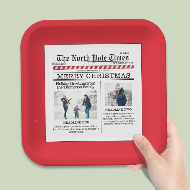 Christmas Cute Photo Collage Simple Newspaper Paper Plate (The North Pole Time whimsical photo custom Square paper plate.)