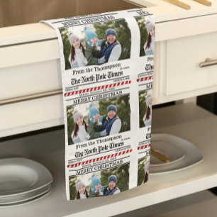 Christmas Cute Photo Whimsical Newspaper Pattern Tea Towel