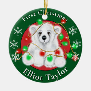 Christmas cute polar bear cub red green lights ceramic ornament