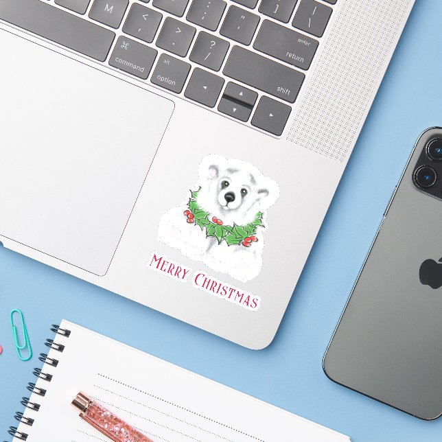 Christmas cute polar bear cub, Santa bear cub  (Laptop w/ iPhone)