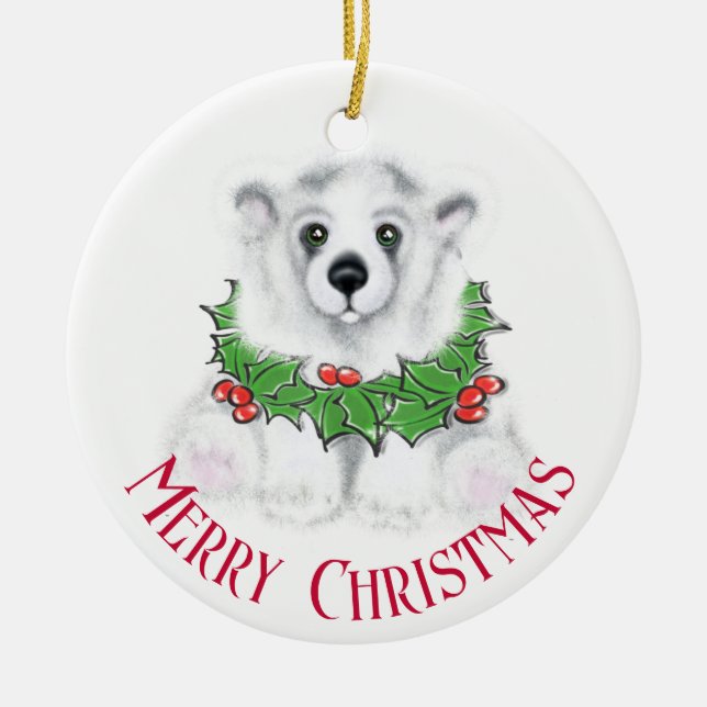 Christmas cute polar bear cub, Santa bear cub  Ceramic Ornament (Front)