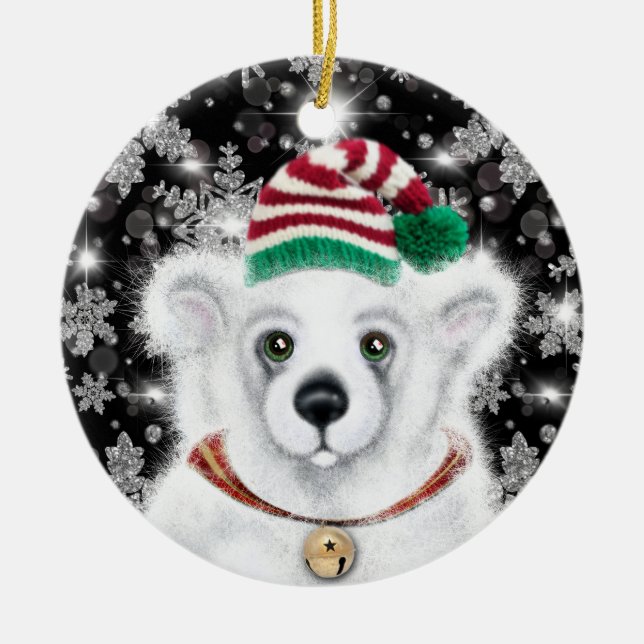 Christmas cute polar bear cub, Santa bear cub  Ceramic Ornament (Front)