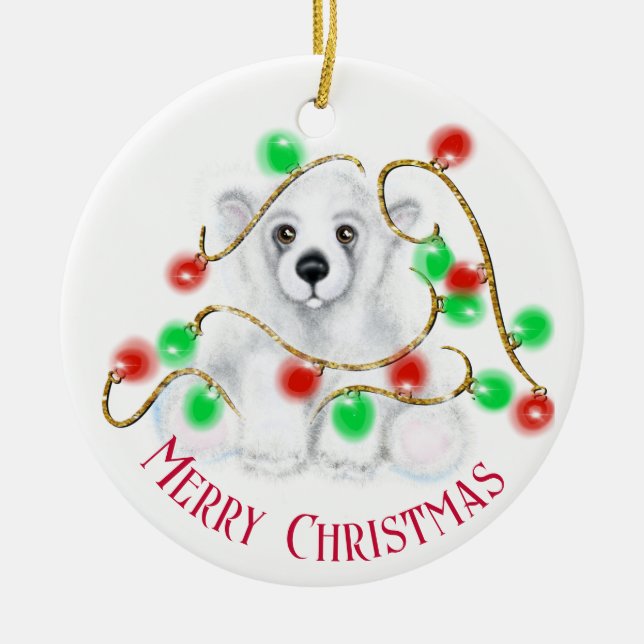 Christmas cute polar bear cub, Santa bear cub  Ceramic Ornament (Front)