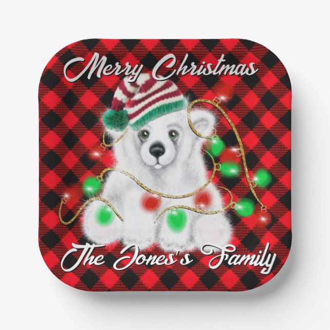 Christmas cute polar bear cub, Santa bear cub  Paper Plate (Front)