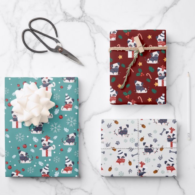 Christmas Cute Pug Dog festive three colours Wrapping Paper Sheet (Front)