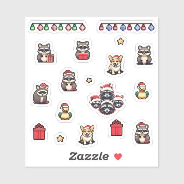 Christmas Cute Raccoons 8bit pixel icons set (Sheet)
