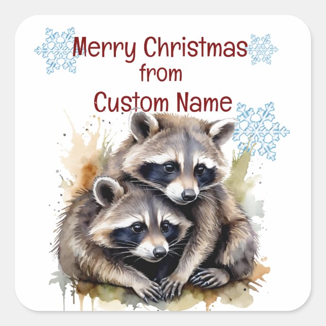 Christmas Cute Racoon Couple Animal  Customise  Square Sticker (Front)