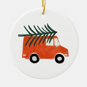 Christmas Cute Red Pickup with Tree Ceramic Ornament