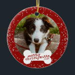Christmas Cute Red Sparkly Pet Dog Photo  Ceramic Ornament<br><div class="desc">Personalised Pet Dog Photo Christmas Round Ornament template you can custom design with a photo of your dog or puppy with funny and cute "Merry ChristMUTTS" and  year on a festive red round ceramic printed ornament with silver glitter sparkle printed design.</div>